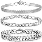 3 Pcs Sterling Silver Bracelets for Men Women Boys Charm Cuban Figaro Herringbone Chain Bracelets Set Birthday Christmas Jewelry Gifts Teen Dad Adult Stocking Stuffers Kids 6.5/7/7.5/8.3/9 Inch